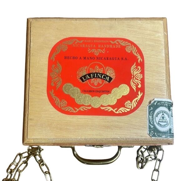 Vintage custom cigar box purse gold cross body chain shoulder strap 7” x 7.5” - Picture 2 of 6